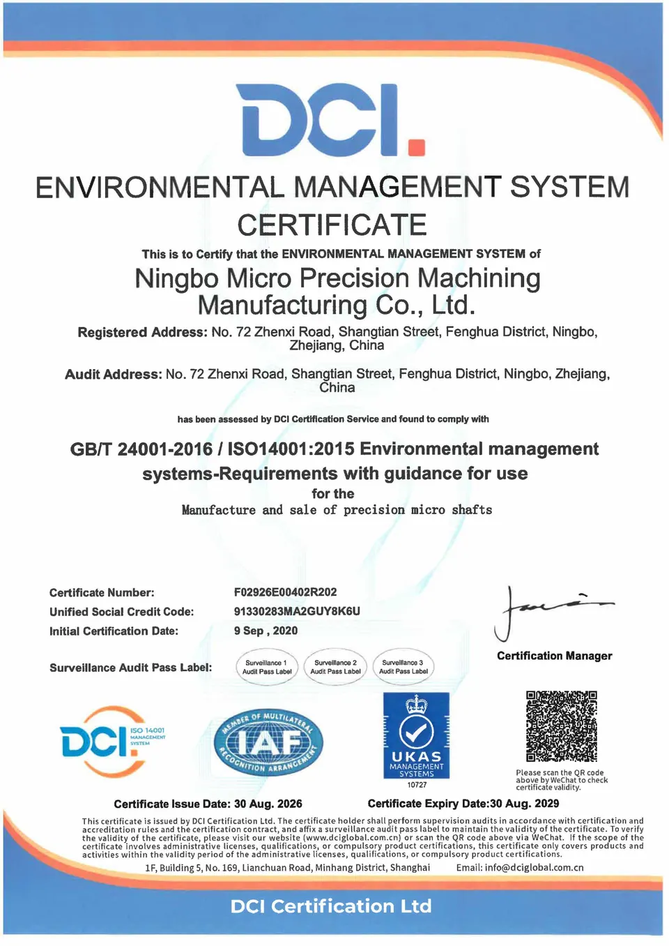 ISO 14001:2015 certificate F02926E00402R202