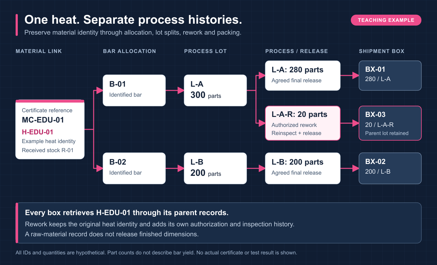 Teaching record chain from example certificate MC-EDU-01 and heat H-EDU-01 through two bar identities, separate machining lots, a rework sublot and three shipment boxes; all identifiers and quantities are hypothetical