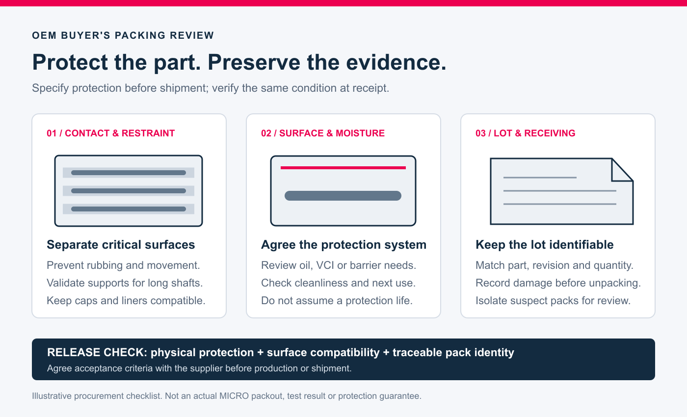 Teaching diagram of precision shaft packaging review: agreed surface protection, mechanical separation and support, and pack identity with receiving evidence; not a MICRO pack design or transport test